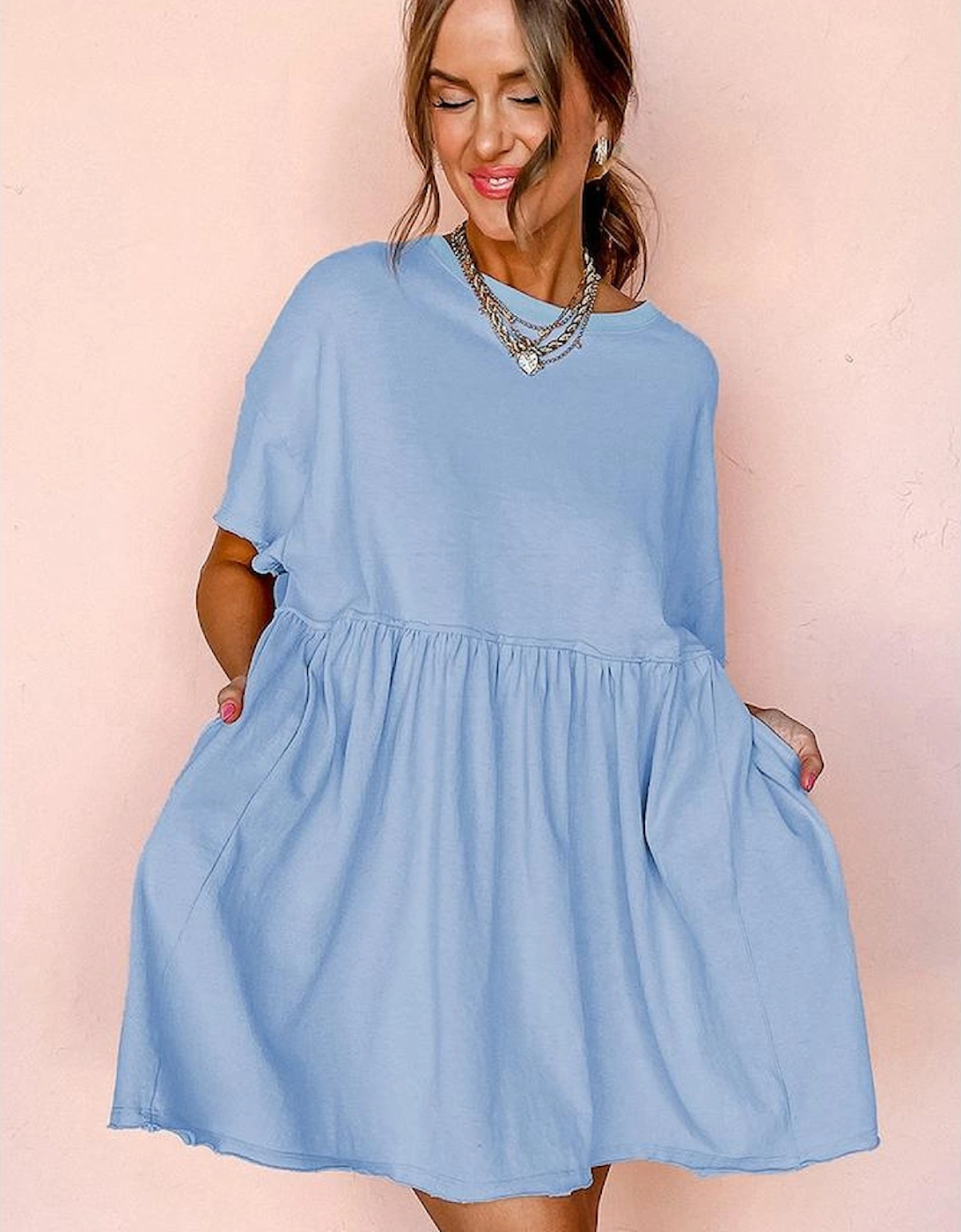 Sky Blue Solid Color Pocketed Raw Edge Babydoll Dress