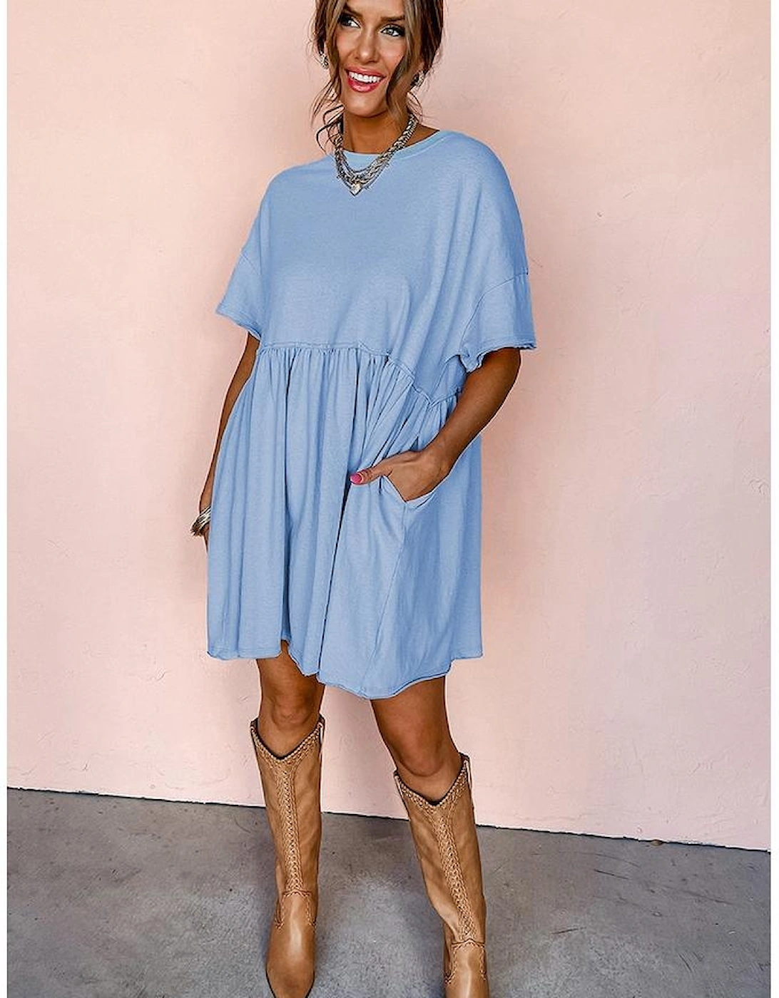 Sky Blue Solid Color Pocketed Raw Edge Babydoll Dress