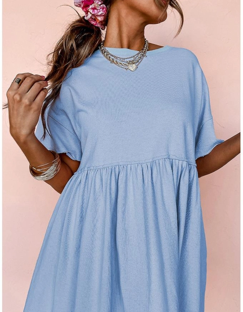 Sky Blue Solid Color Pocketed Raw Edge Babydoll Dress