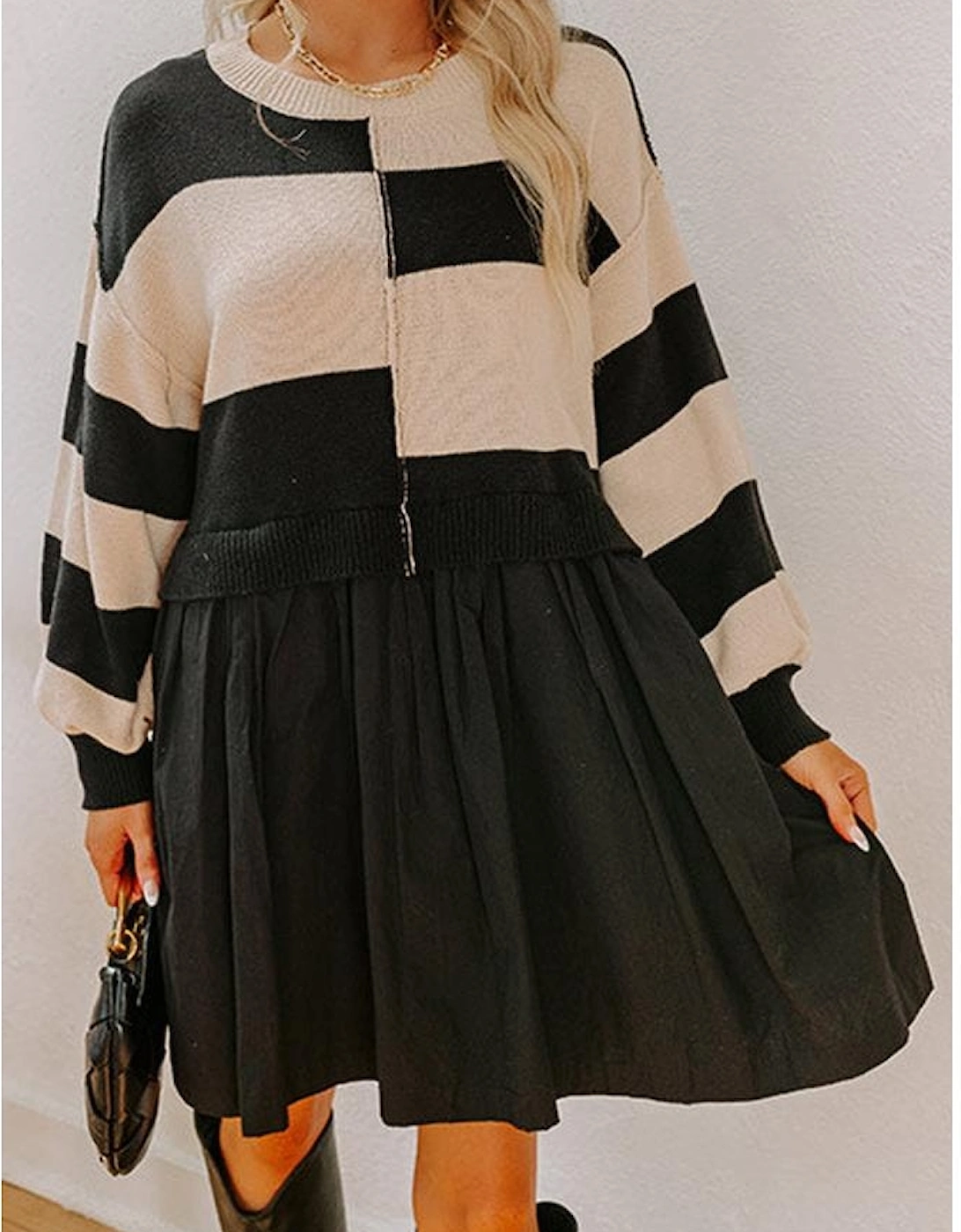 Black Stripe Two in One Knitted Top High Waist Splicing Hem Sweater Dress
