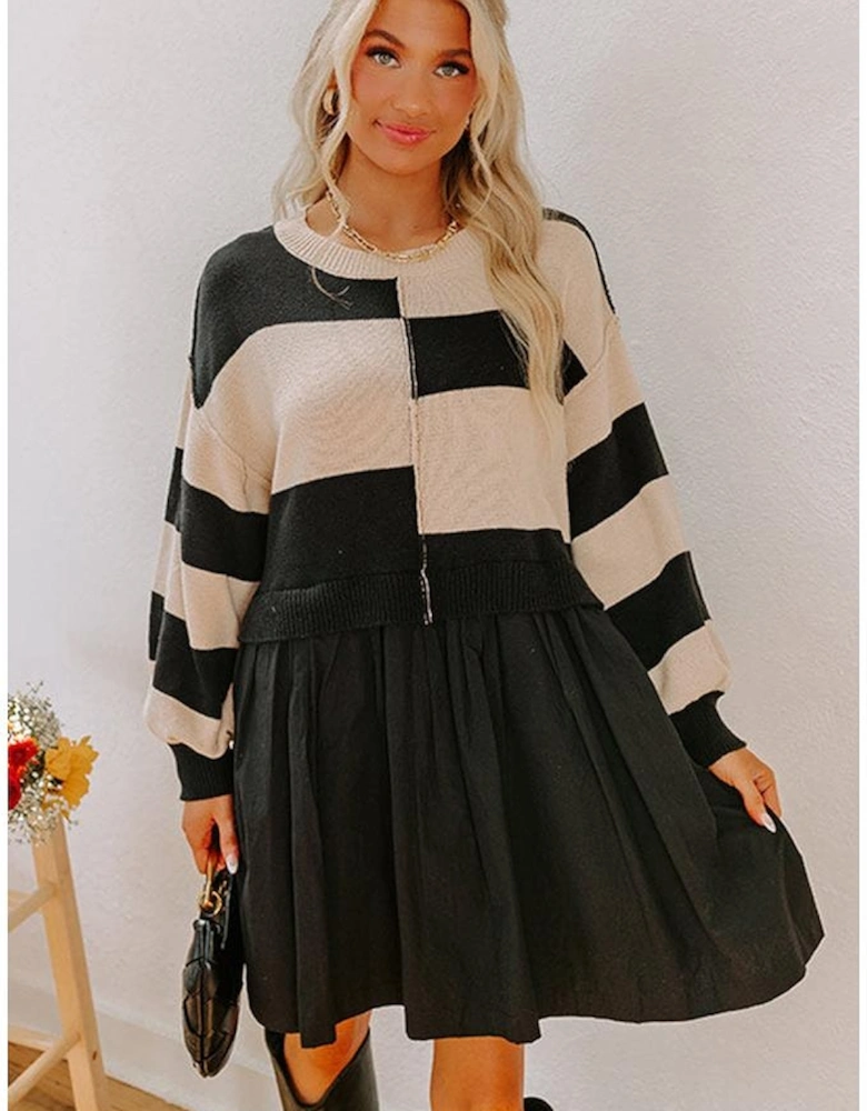 Black Stripe Two in One Knitted Top High Waist Splicing Hem Sweater Dress