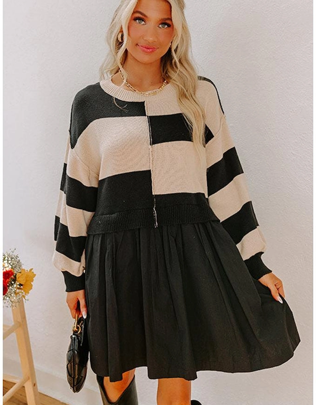 Black Stripe Two in One Knitted Top High Waist Splicing Hem Sweater Dress