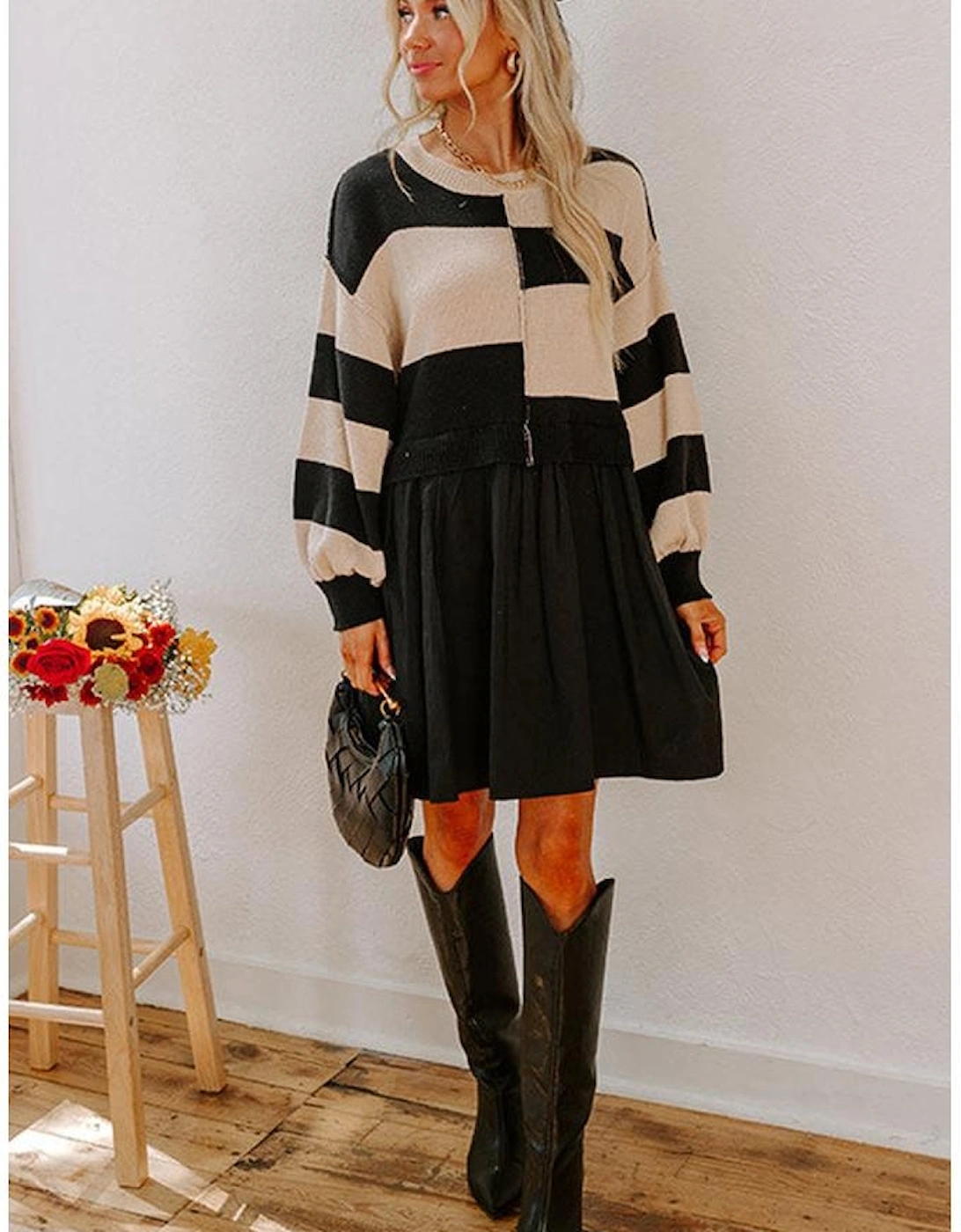 Black Stripe Two in One Knitted Top High Waist Splicing Hem Sweater Dress
