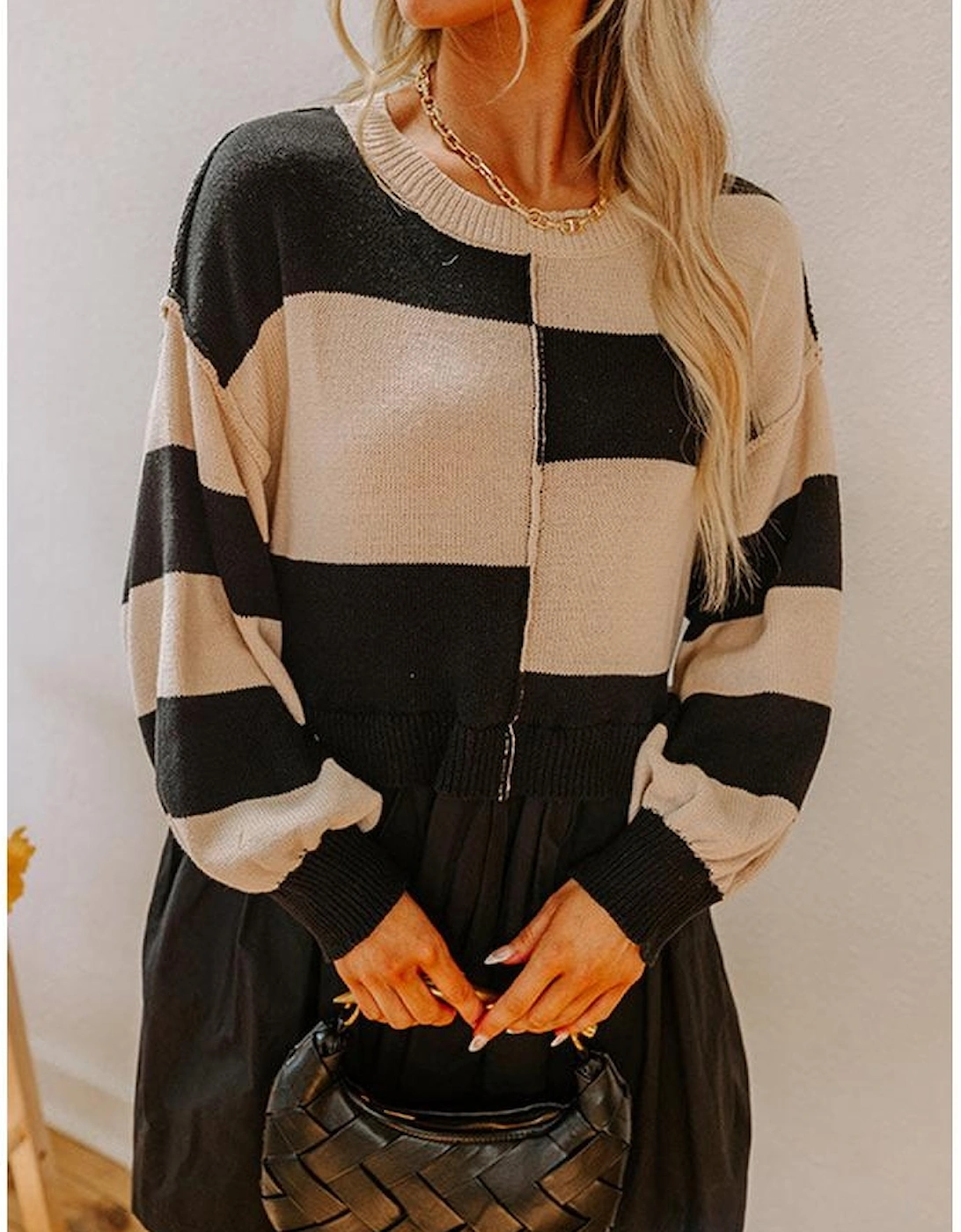 Black Stripe Two in One Knitted Top High Waist Splicing Hem Sweater Dress