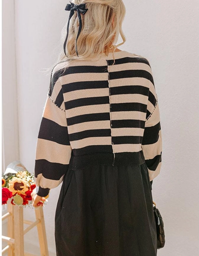 Black Stripe Two in One Knitted Top High Waist Splicing Hem Sweater Dress