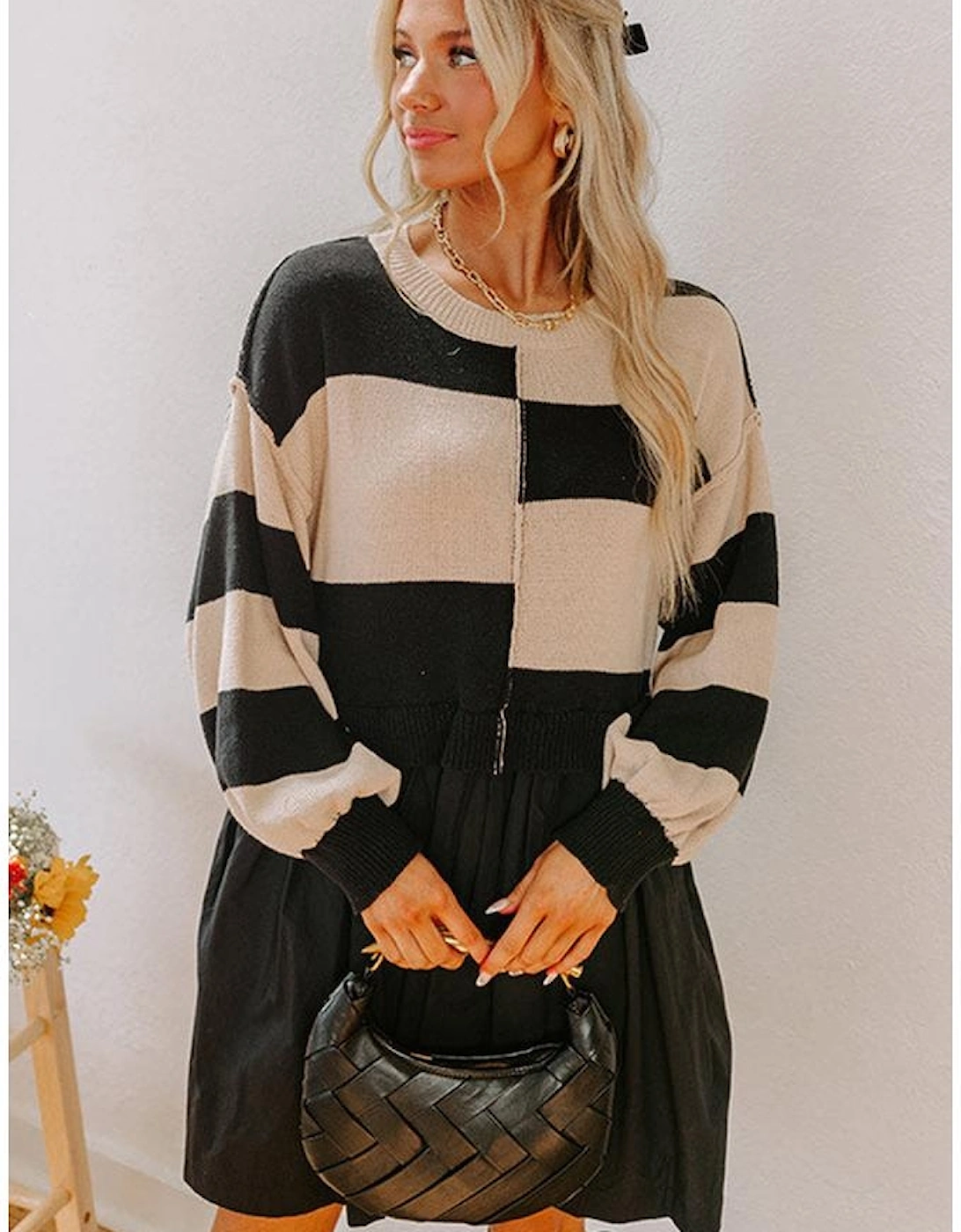 Black Stripe Two in One Knitted Top High Waist Splicing Hem Sweater Dress