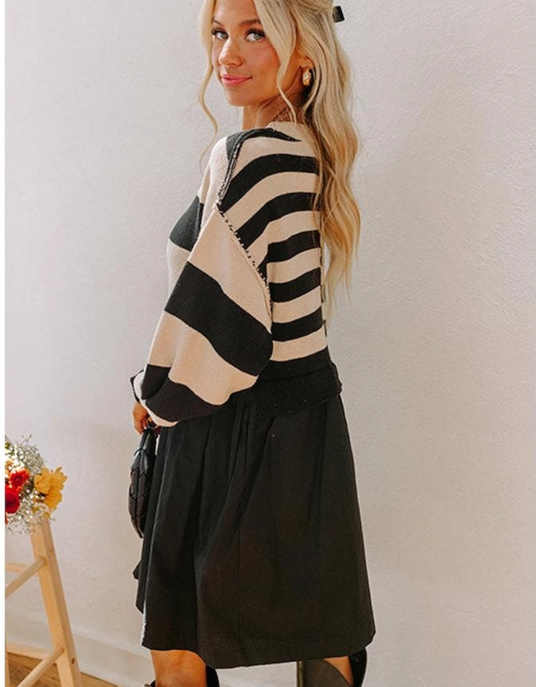 Black Stripe Two in One Knitted Top High Waist Splicing Hem Sweater Dress