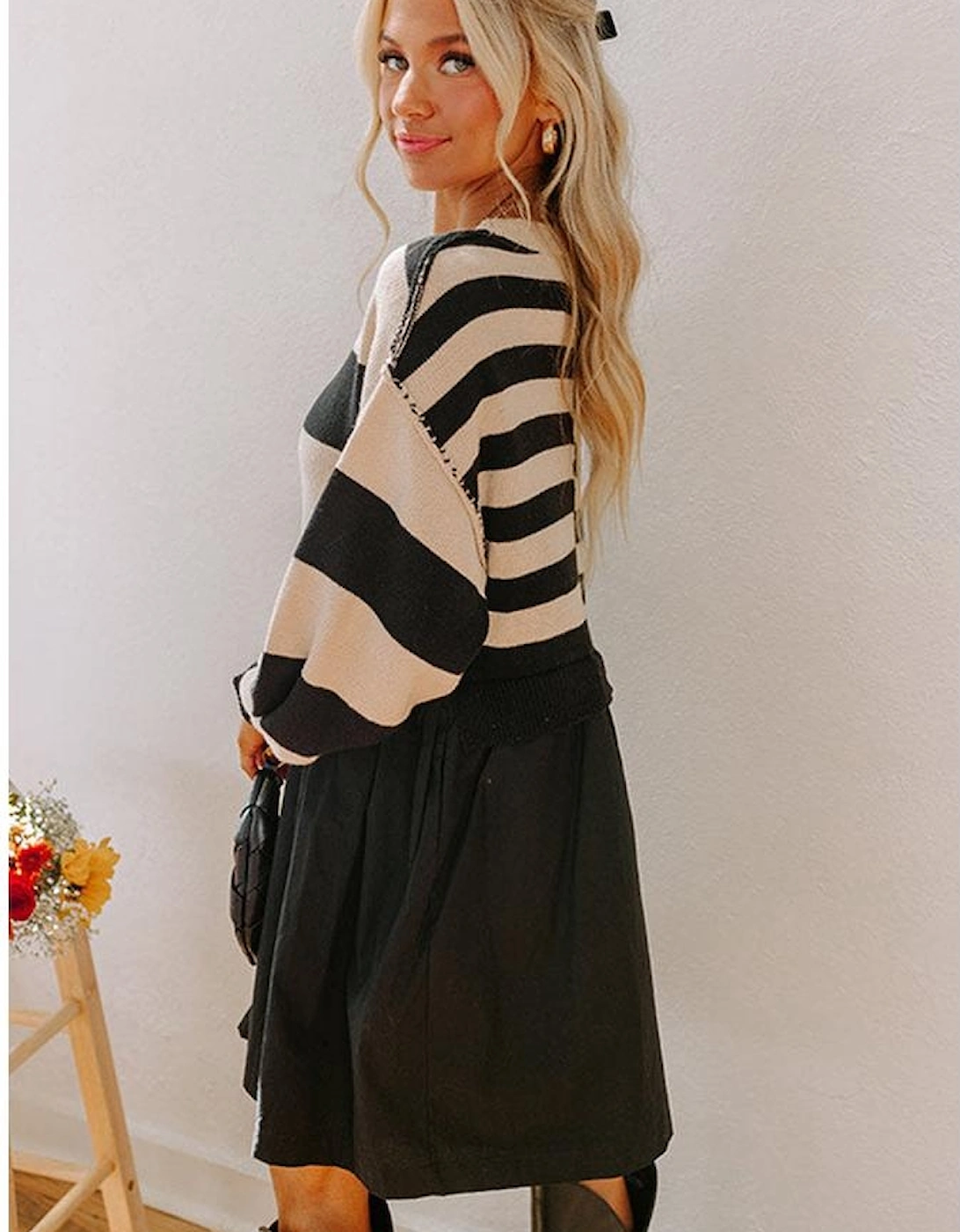 Black Stripe Two in One Knitted Top High Waist Splicing Hem Sweater Dress