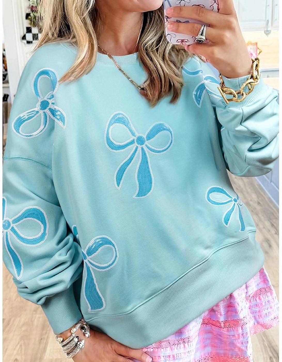 Beau Blue Sequined Bowknot Drop Shoulder Oversized Sweatshirt