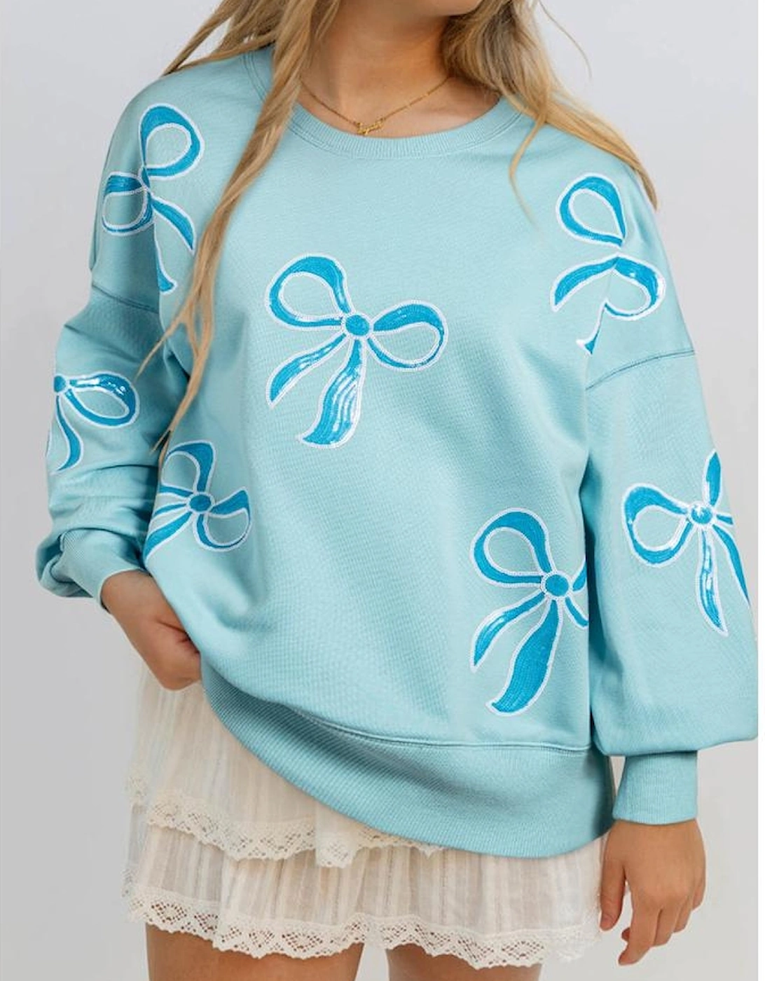 Beau Blue Sequined Bowknot Drop Shoulder Oversized Sweatshirt