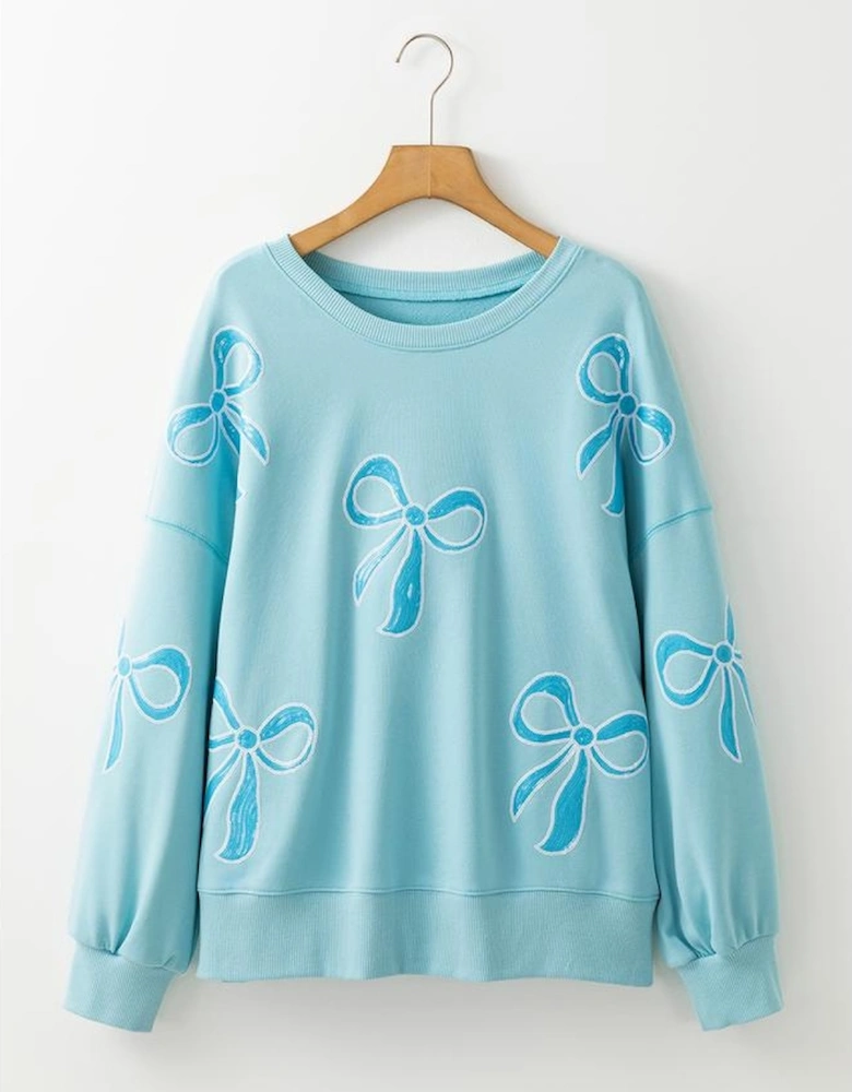 Beau Blue Sequined Bowknot Drop Shoulder Oversized Sweatshirt
