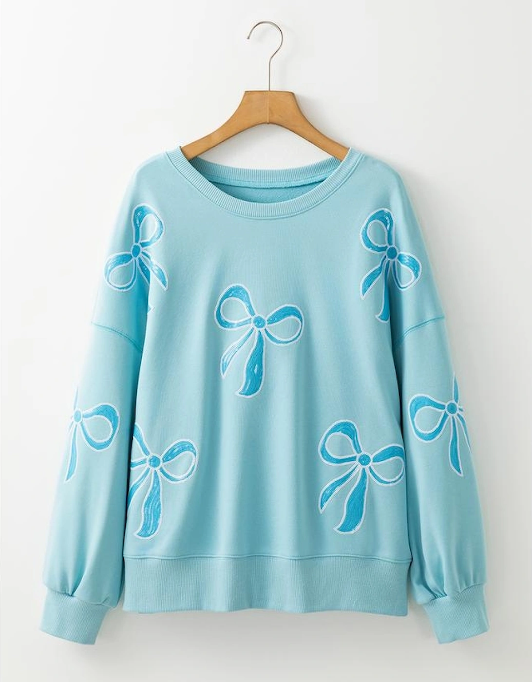 Beau Blue Sequined Bowknot Drop Shoulder Oversized Sweatshirt