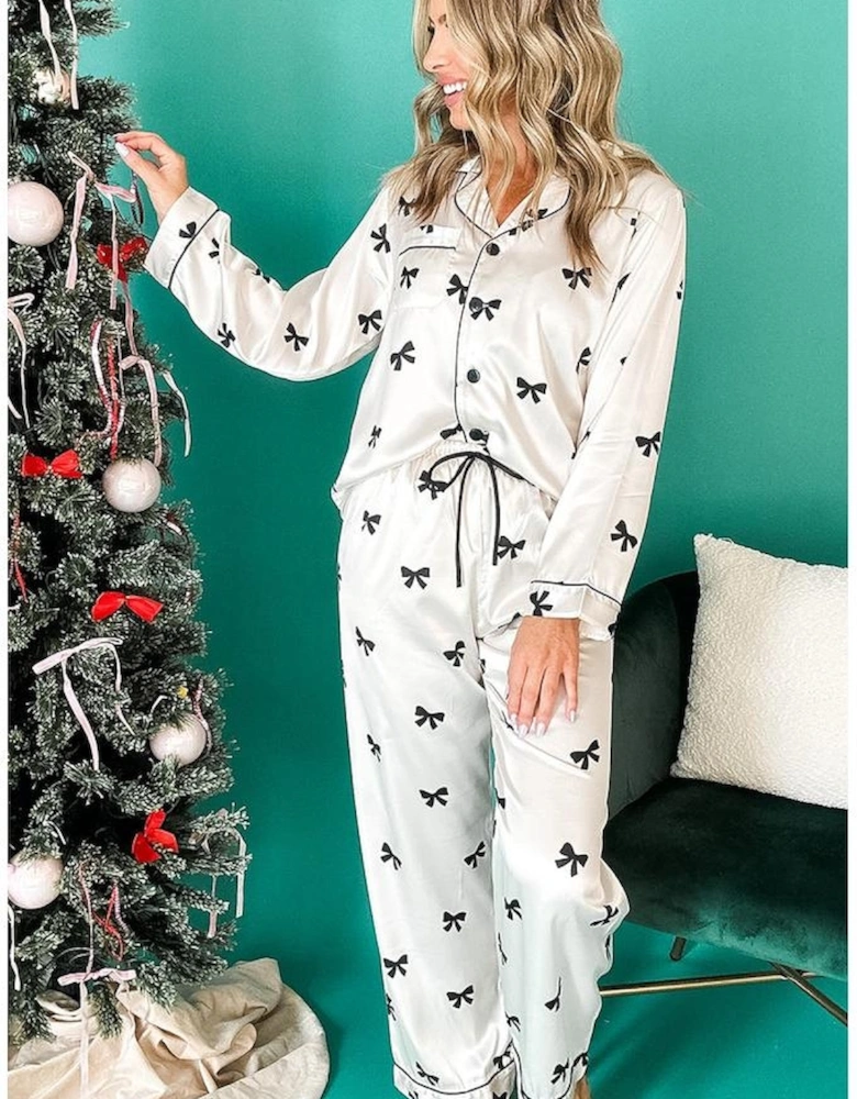 White Bows Print Two Piece Sleepwear