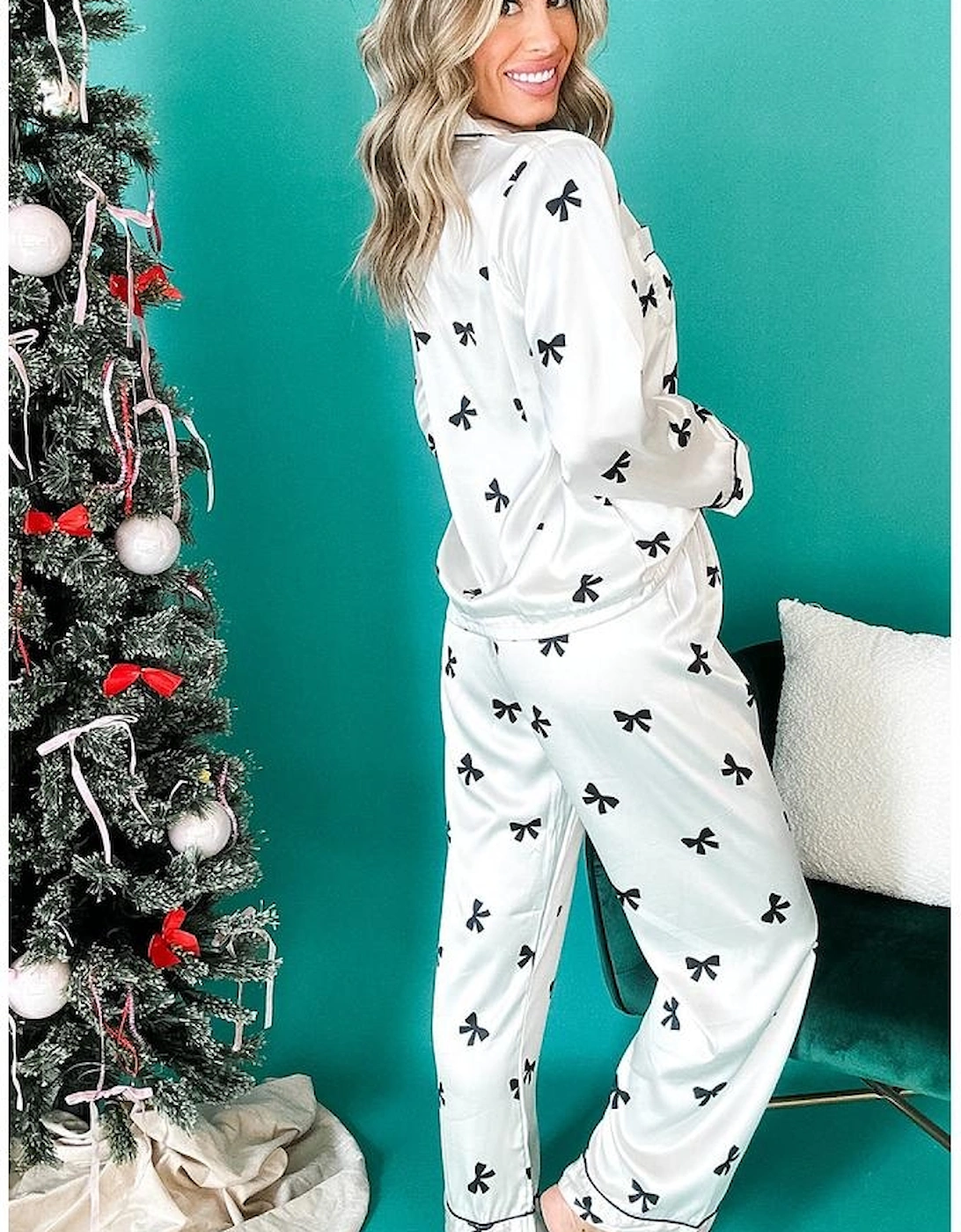White Bows Print Two Piece Sleepwear, 16 of 15