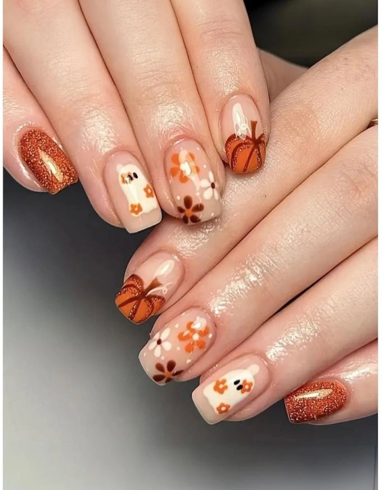 Azura Exchange Orange Halloween Ghost Flower Glitter Square False Nail