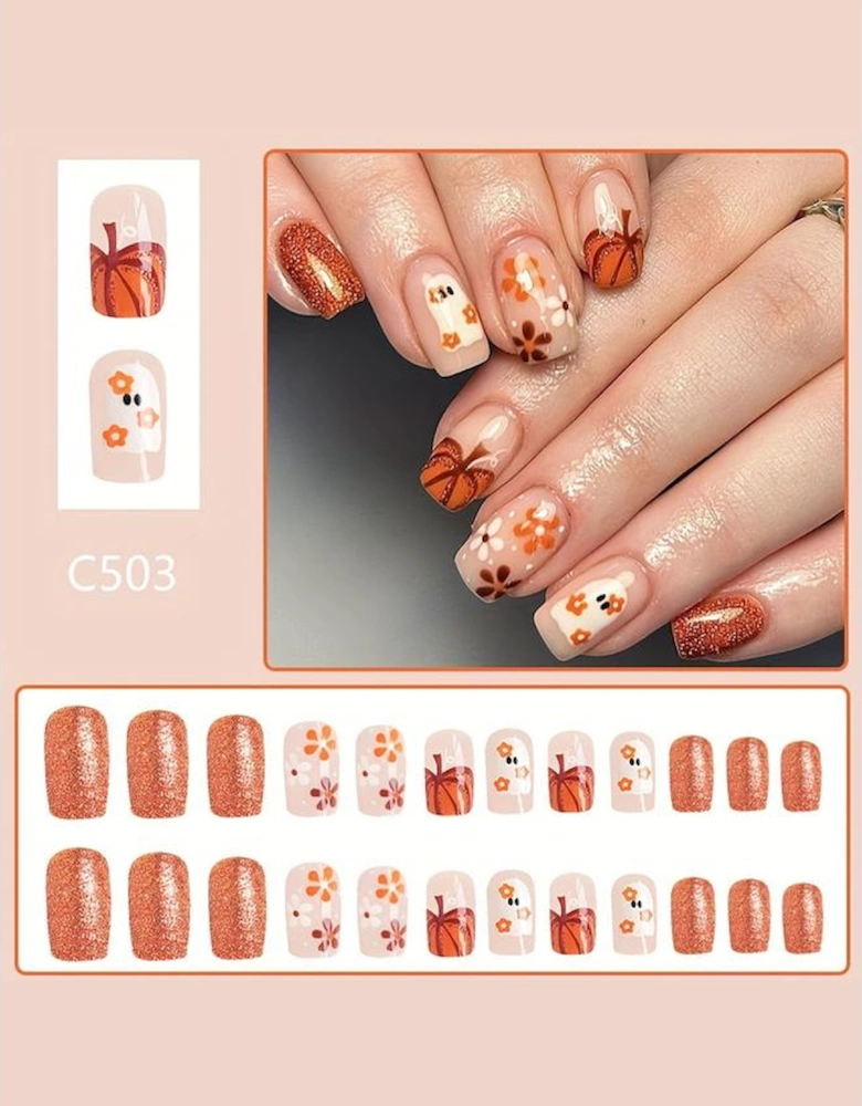 Azura Exchange Orange Halloween Ghost Flower Glitter Square False Nail