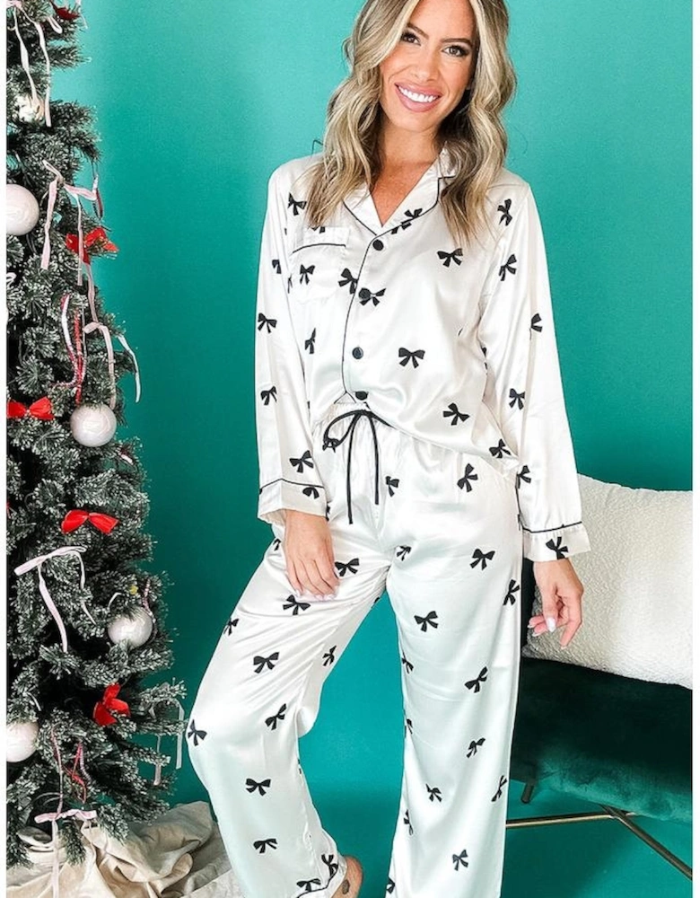 White Bows Print Two Piece Sleepwear