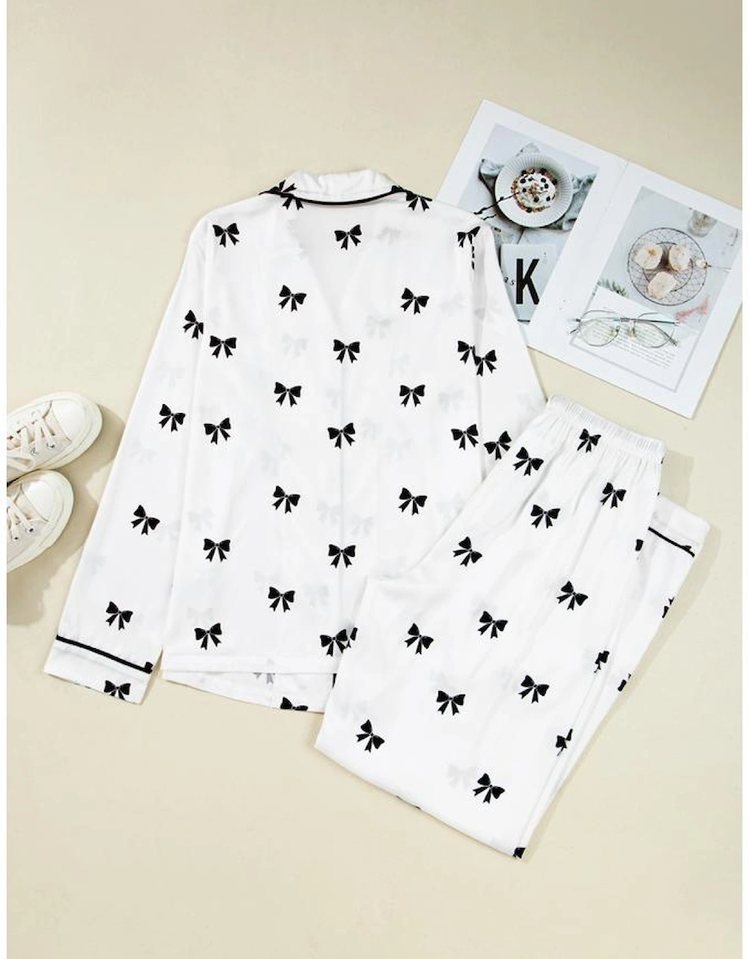White Bows Print Two Piece Sleepwear