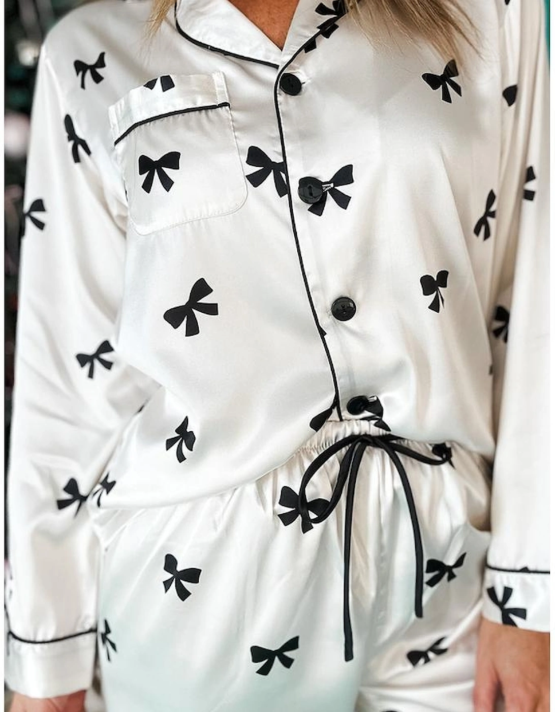 White Bows Print Two Piece Sleepwear