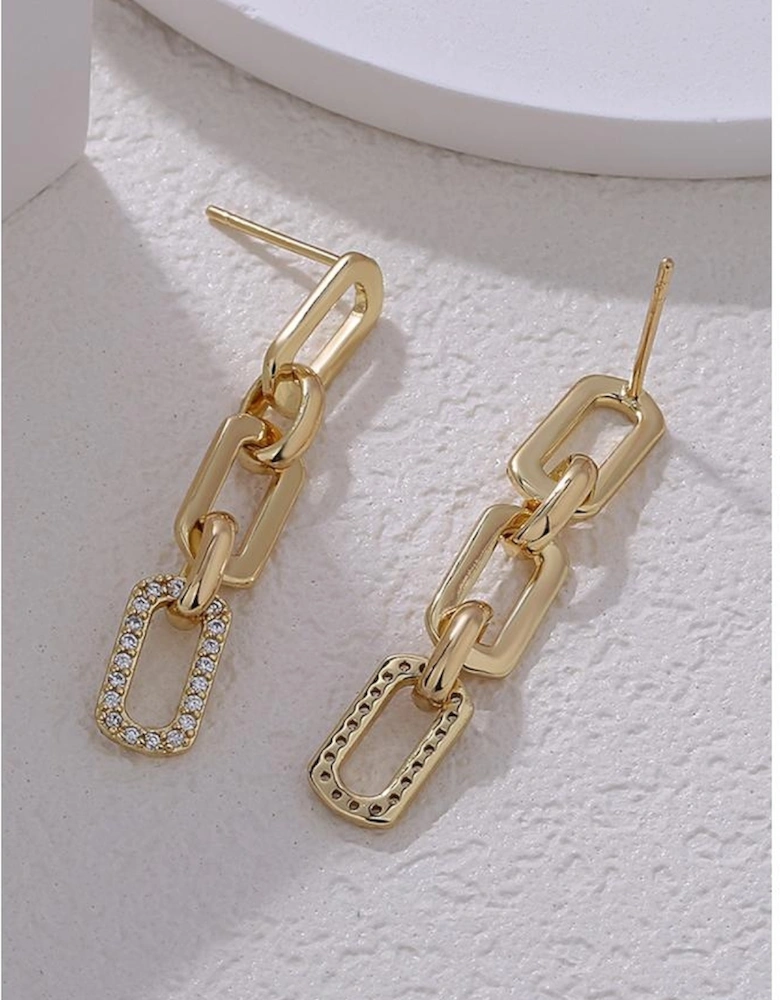 Gold Chain Link Rhinestone Decor Plate Stud Earrings