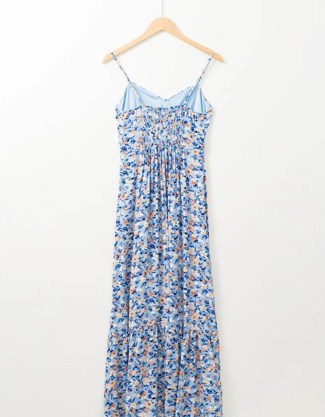 Sky Blue Floral Print Ruffled Ruched Maxi Dress