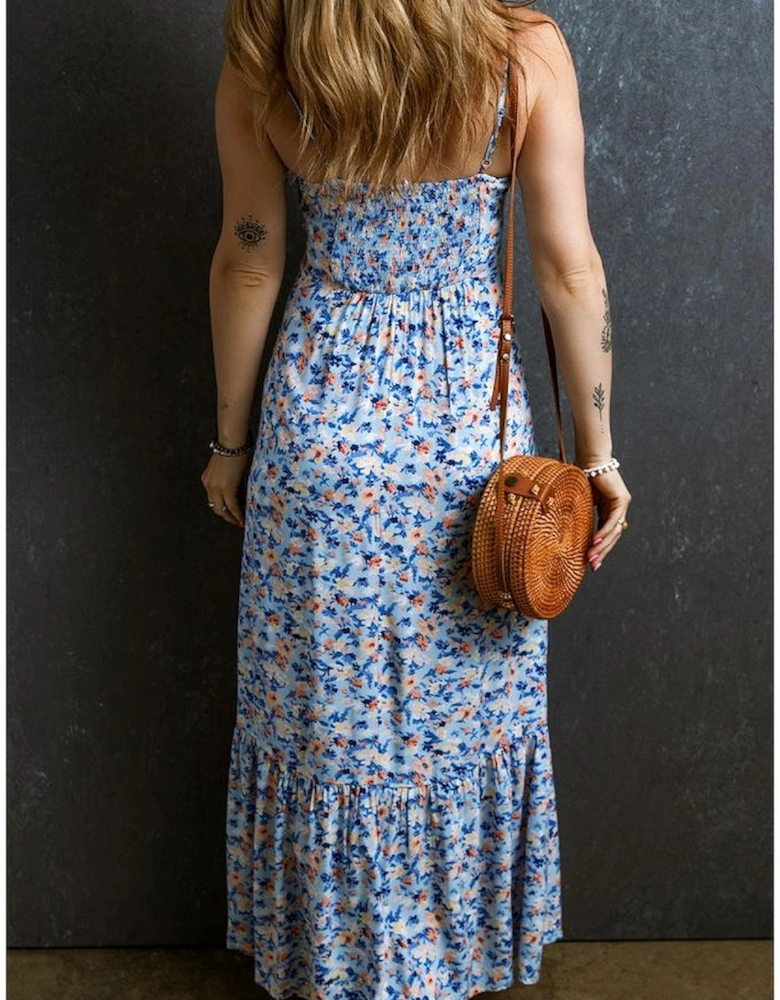 Sky Blue Floral Print Ruffled Ruched Maxi Dress