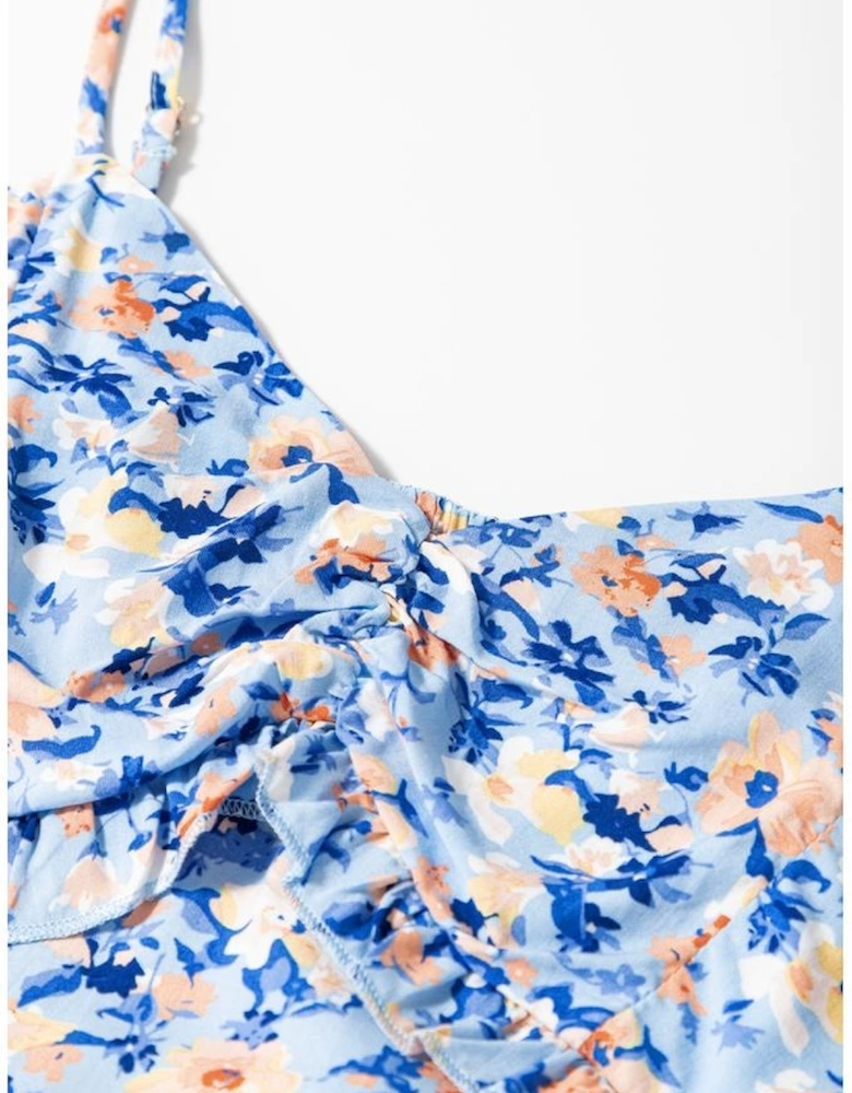 Sky Blue Floral Print Ruffled Ruched Maxi Dress