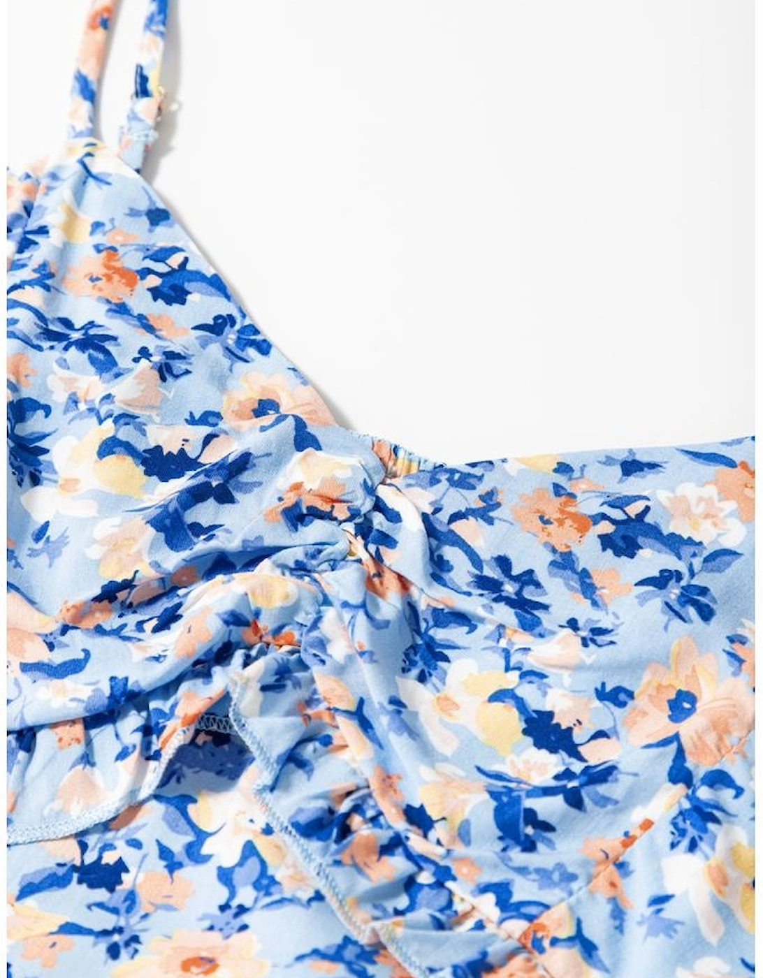 Sky Blue Floral Print Ruffled Ruched Maxi Dress
