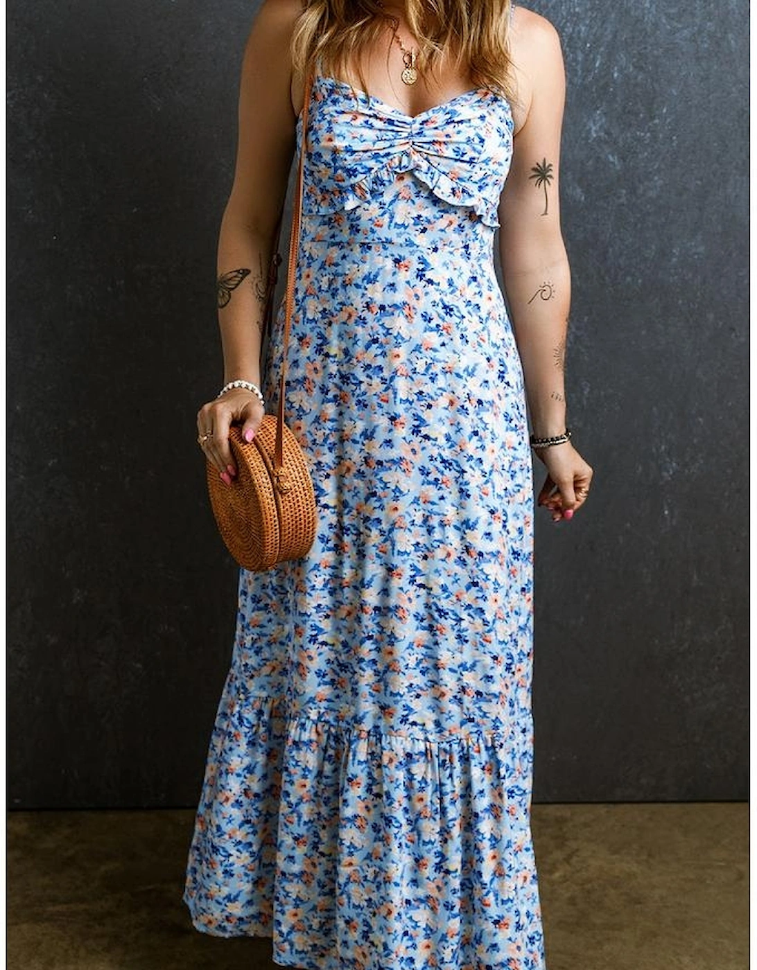 Sky Blue Floral Print Ruffled Ruched Maxi Dress