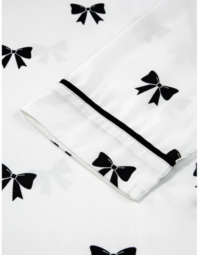 White Bows Print Two Piece Sleepwear