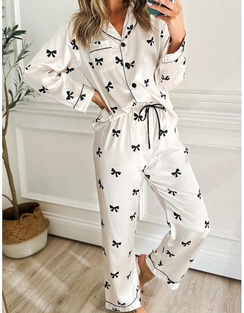 White Bows Print Two Piece Sleepwear