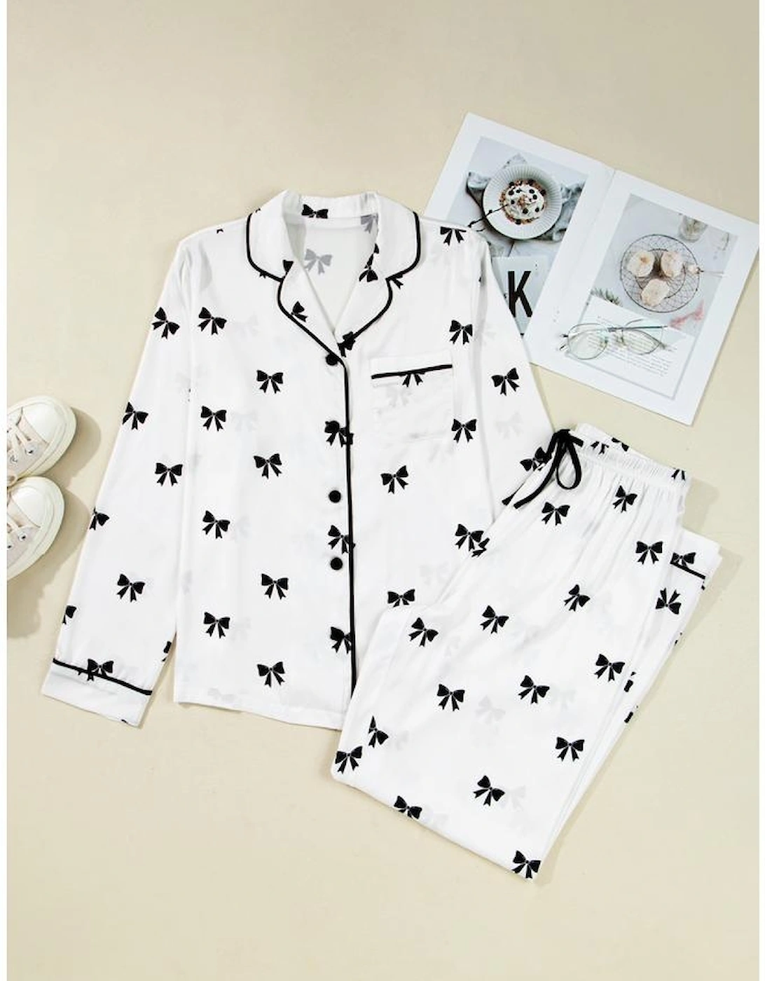 White Bows Print Two Piece Sleepwear