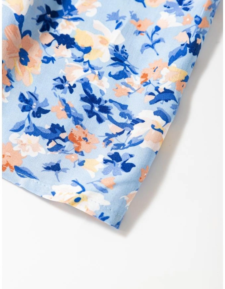 Sky Blue Floral Print Ruffled Ruched Maxi Dress