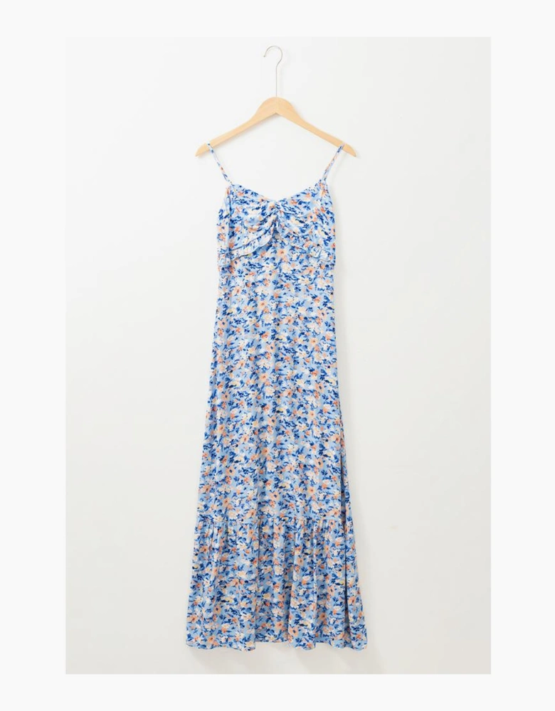 Sky Blue Floral Print Ruffled Ruched Maxi Dress