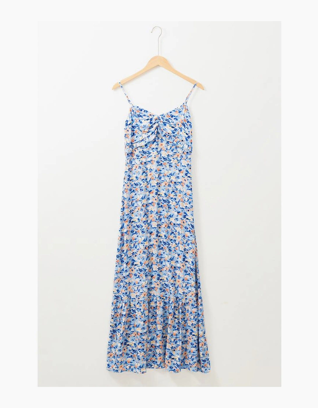 Sky Blue Floral Print Ruffled Ruched Maxi Dress