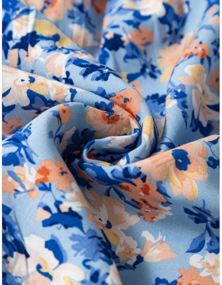 Sky Blue Floral Print Ruffled Ruched Maxi Dress