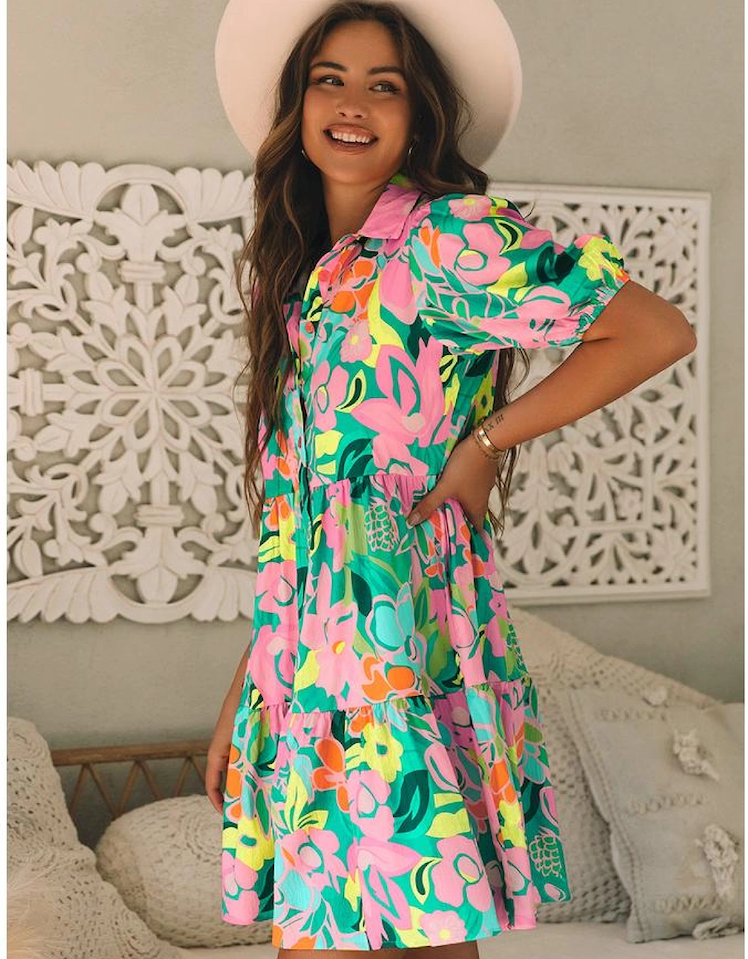 Green Floral Puff Sleeve Collar Buttoned Babydoll Dress