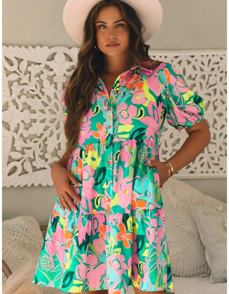 Green Floral Puff Sleeve Collar Buttoned Babydoll Dress