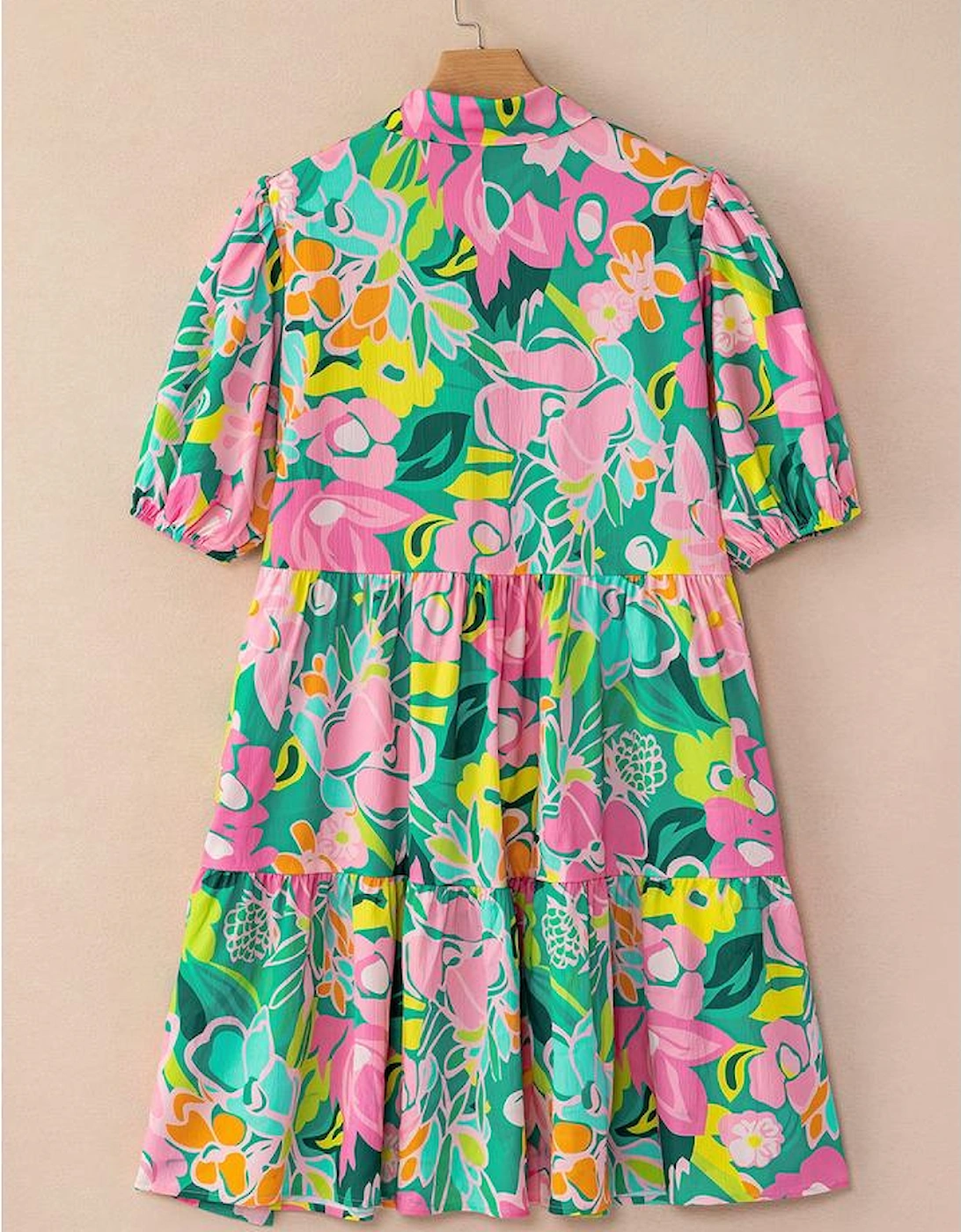 Green Floral Puff Sleeve Collar Buttoned Babydoll Dress