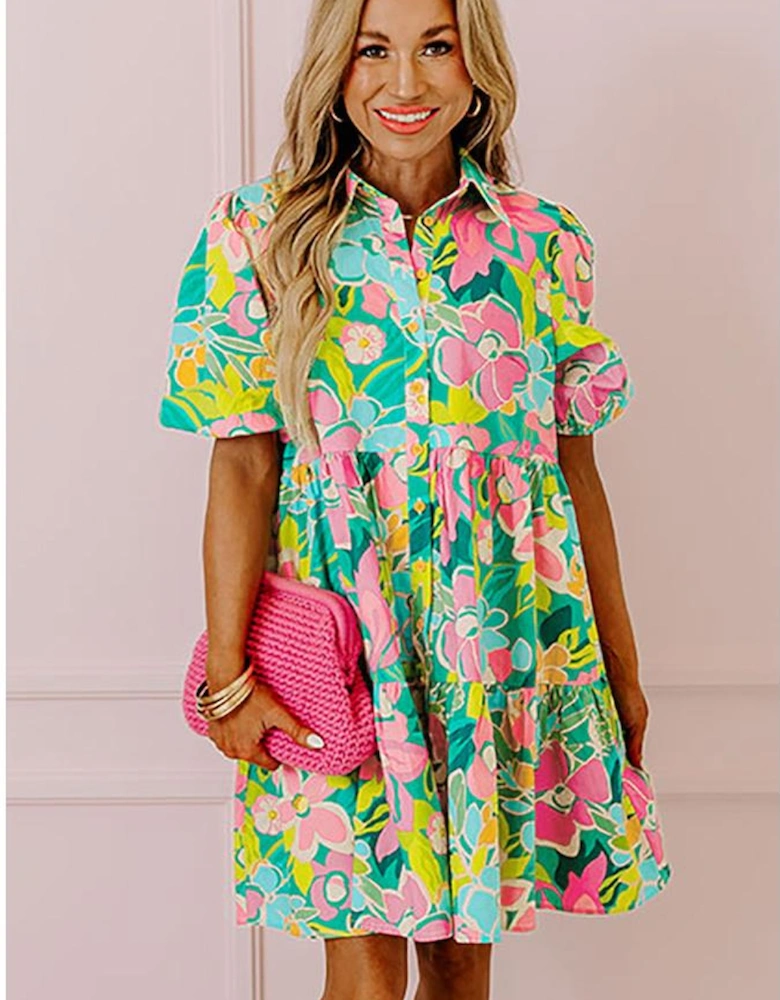 Green Floral Puff Sleeve Collar Buttoned Babydoll Dress