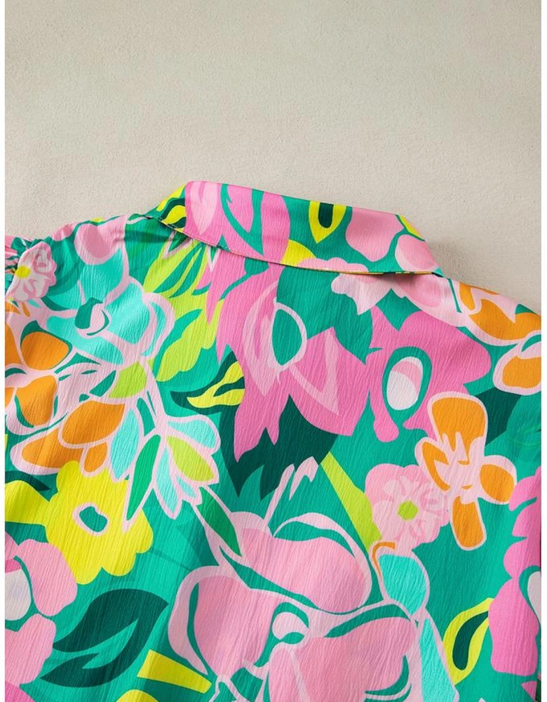 Green Floral Puff Sleeve Collar Buttoned Babydoll Dress