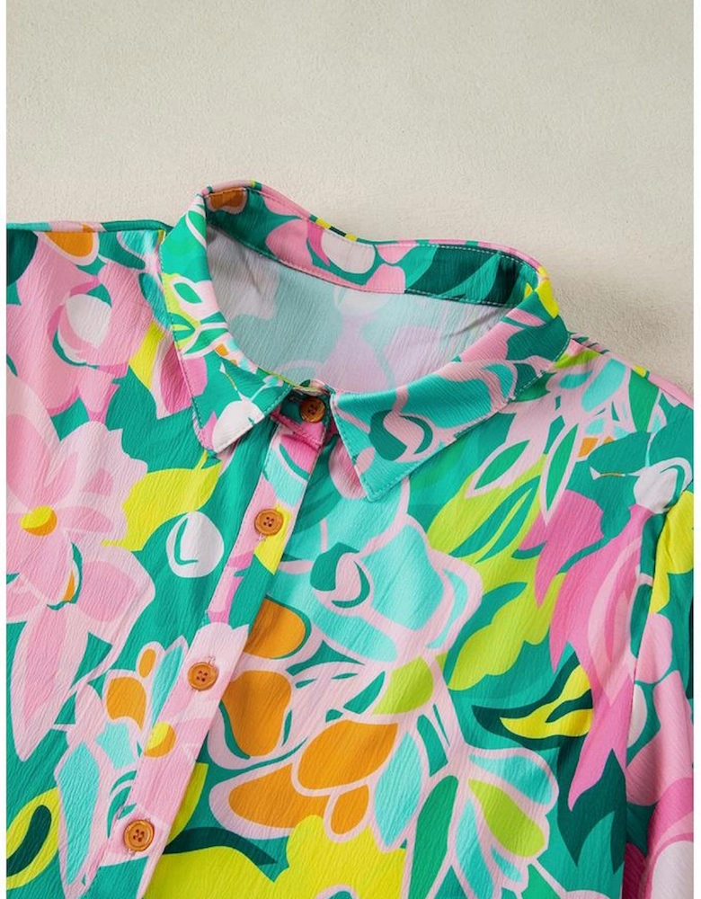 Green Floral Puff Sleeve Collar Buttoned Babydoll Dress