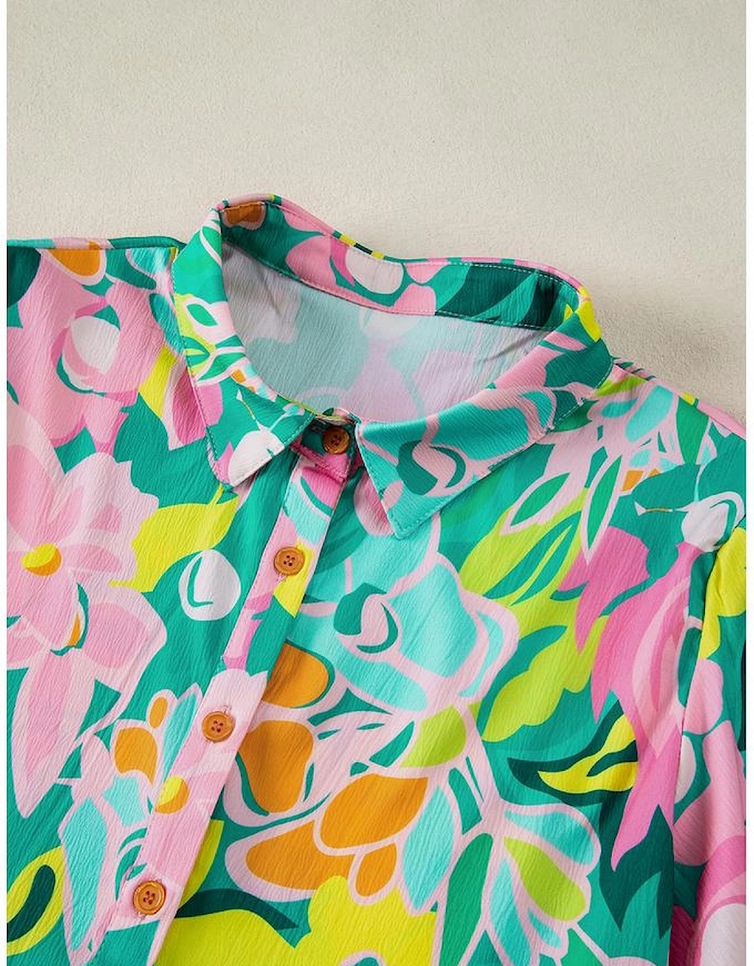 Green Floral Puff Sleeve Collar Buttoned Babydoll Dress