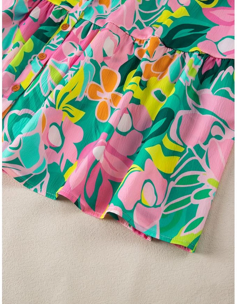 Green Floral Puff Sleeve Collar Buttoned Babydoll Dress