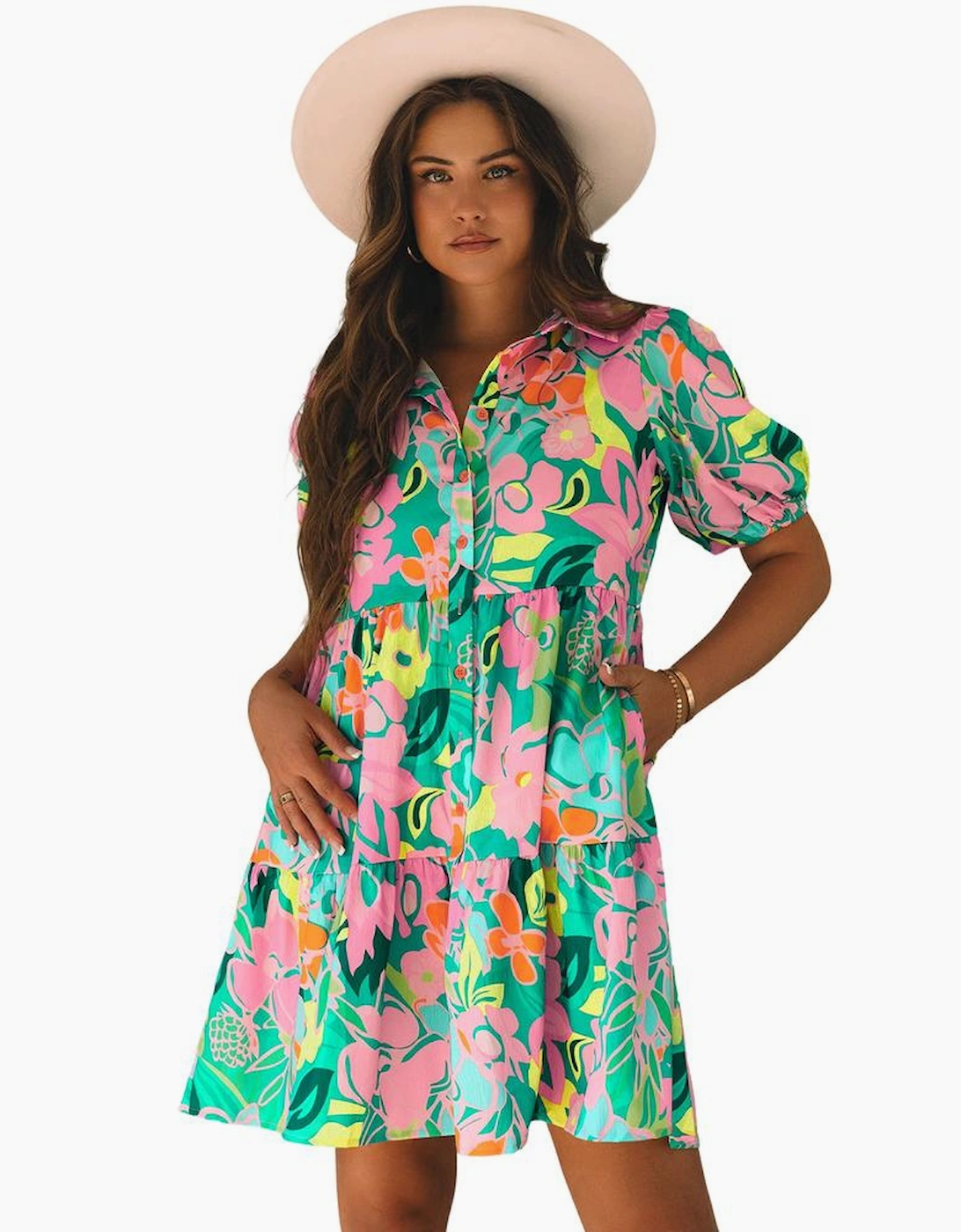 Green Floral Puff Sleeve Collar Buttoned Babydoll Dress