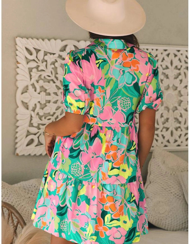 Green Floral Puff Sleeve Collar Buttoned Babydoll Dress