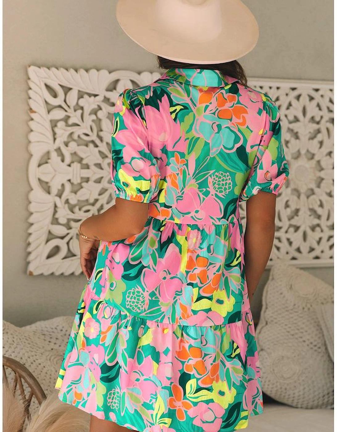 Green Floral Puff Sleeve Collar Buttoned Babydoll Dress