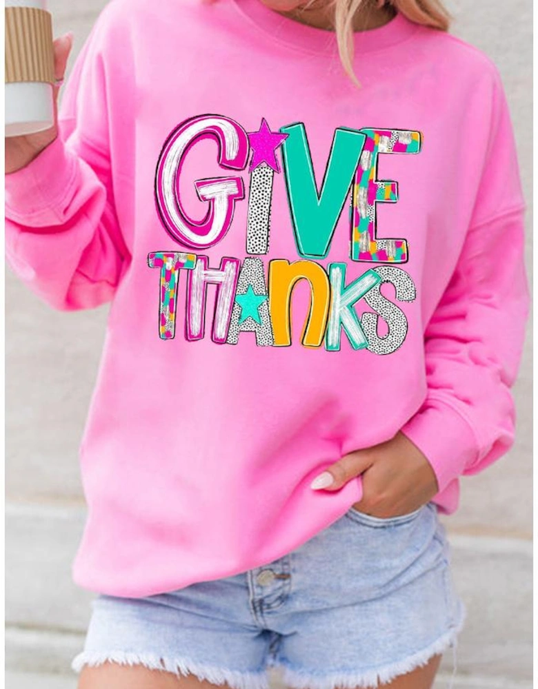 Bonbon GIVE THANKS Graphic Drop Shoulder Thanksgiving Pullover Sweatshirt