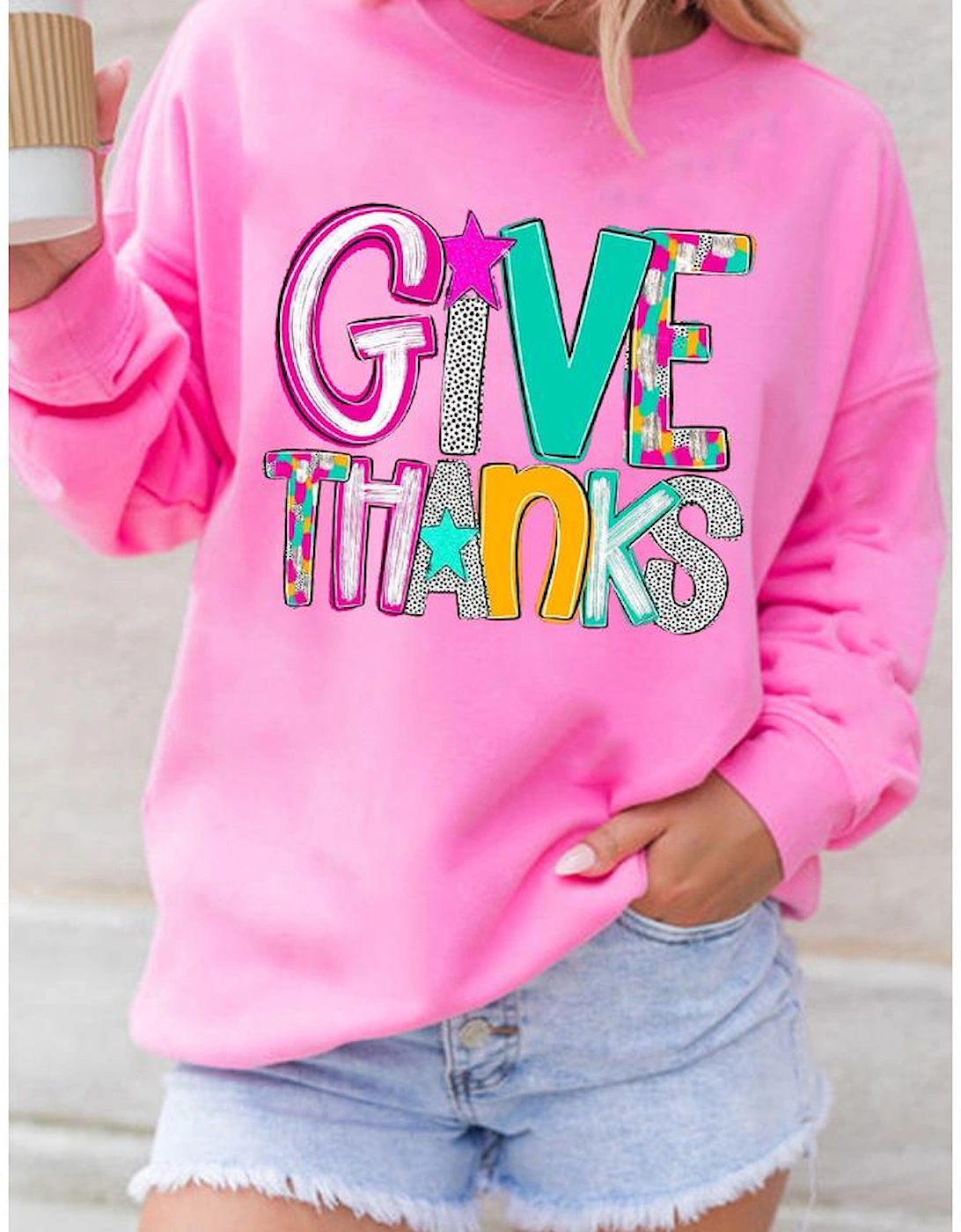 Bonbon GIVE THANKS Graphic Drop Shoulder Thanksgiving Pullover Sweatshirt