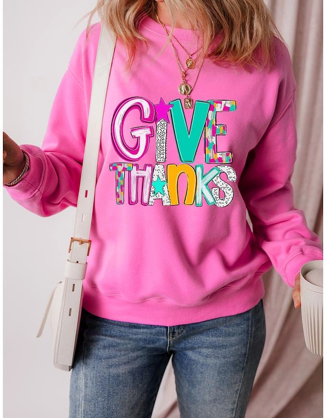 Bonbon GIVE THANKS Graphic Drop Shoulder Thanksgiving Pullover Sweatshirt